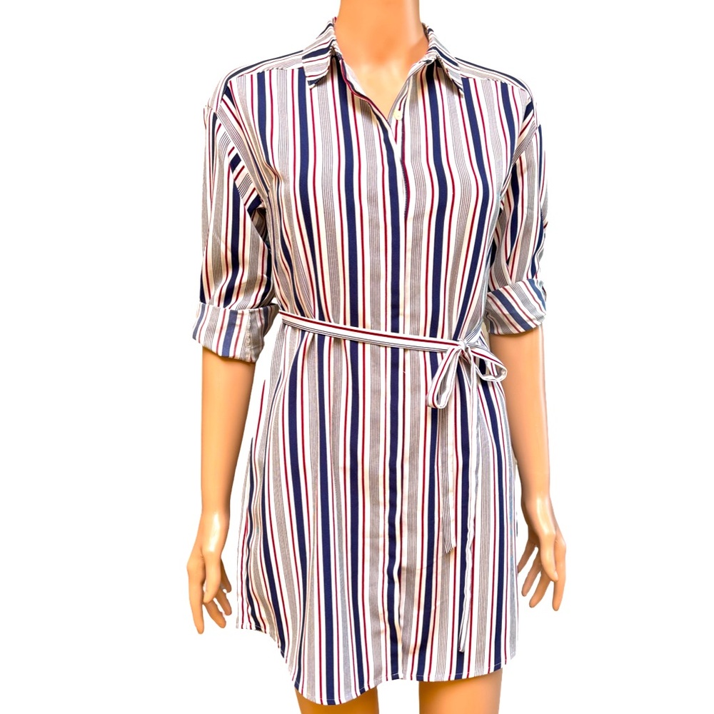 Express White and Blue Notched Collar Mini Dress XSP